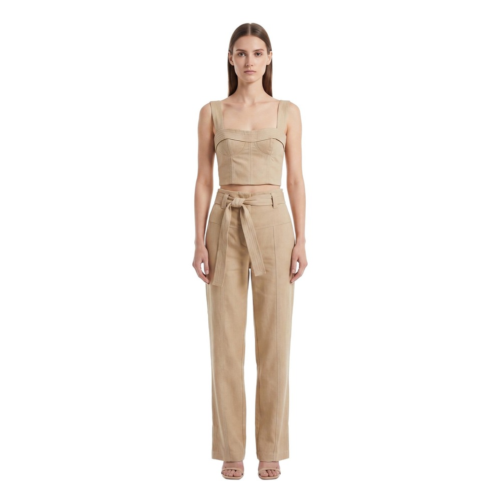 Coolrated Miami Linen Blend Bustier Crop Top & Pants Set Beige Size S